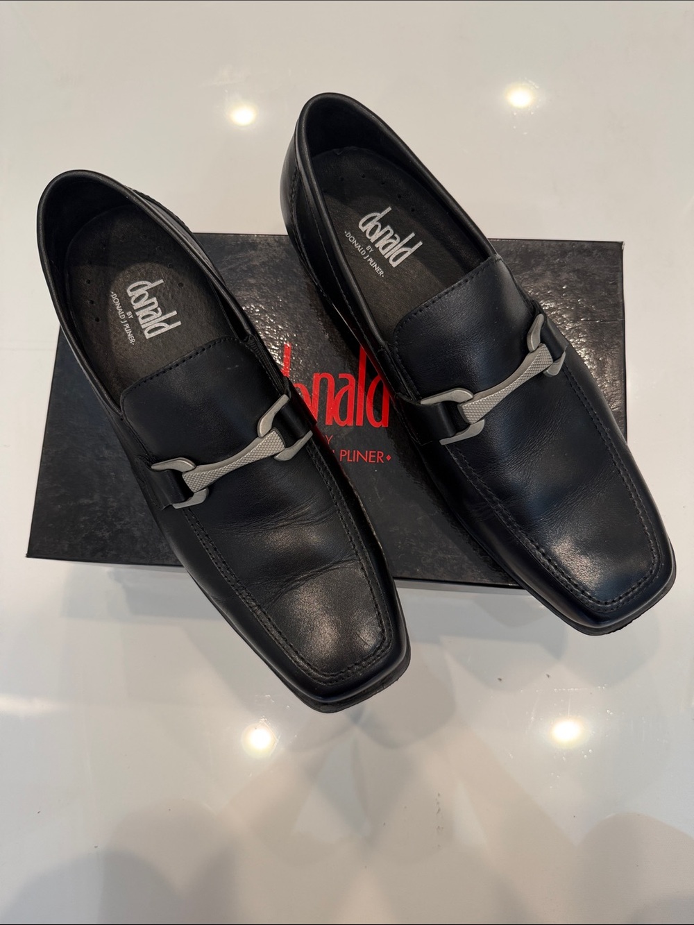Donald J. Pliner Black Leather Slip-On Loafers with Silver Bit